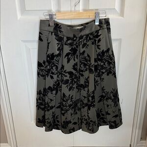 Floral A-Line Skirt in Olive with Black Flocked Pattern